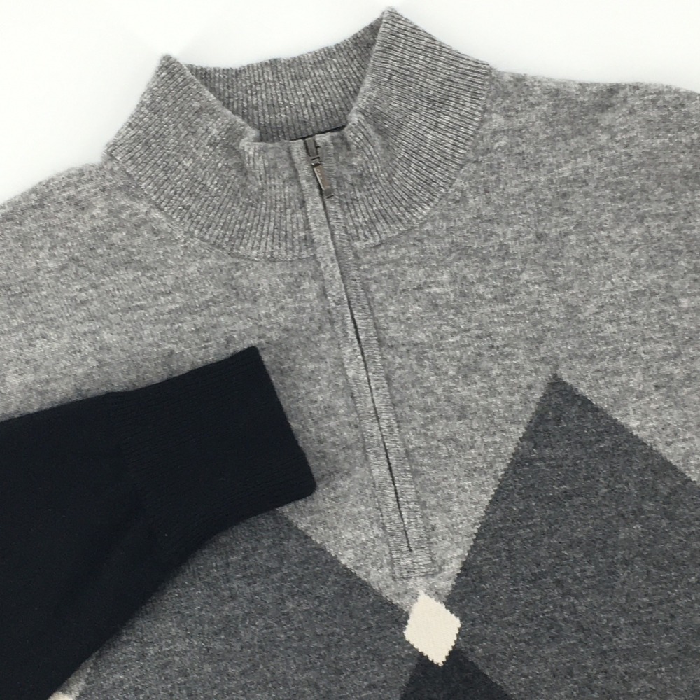 Bullock & Jones Mens MediuM Argyle‎ Quarter Zip Sweater 100% Cashmere Gray Black